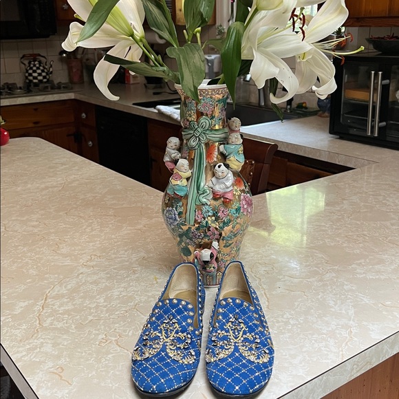 Giuseppe Zanotti Blue and Gold Embellished Loafers - Picture 1 of 6